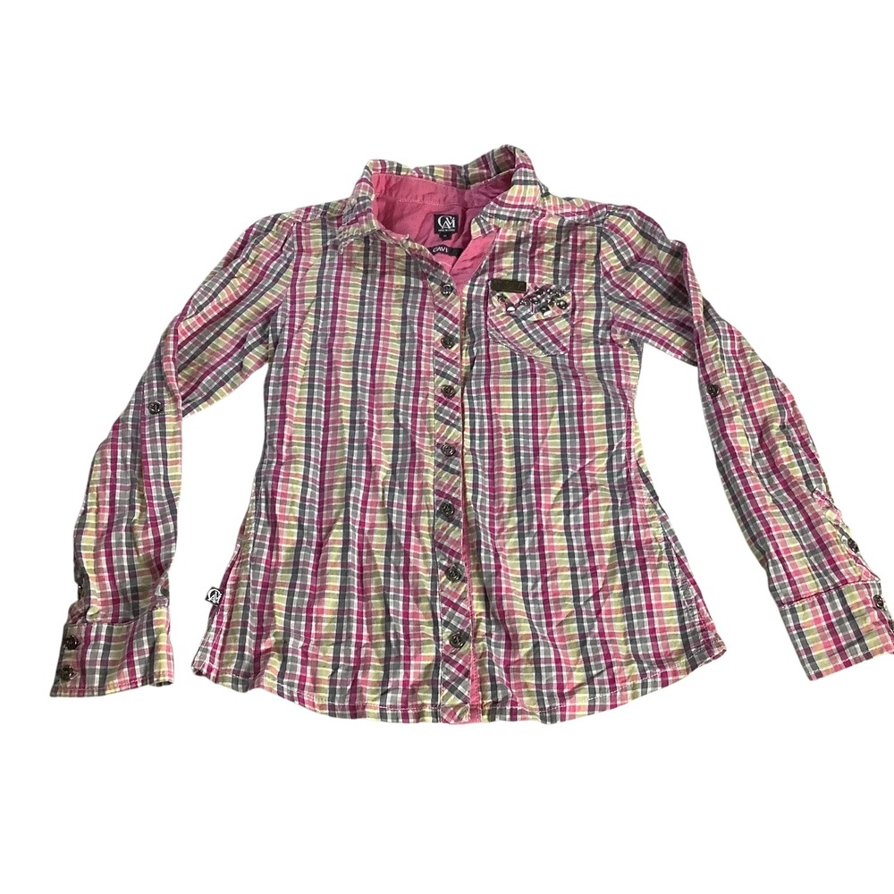 Cavi Plaid Button Down Shirt Girls Medium Multicolor Studded Western Cowgirl